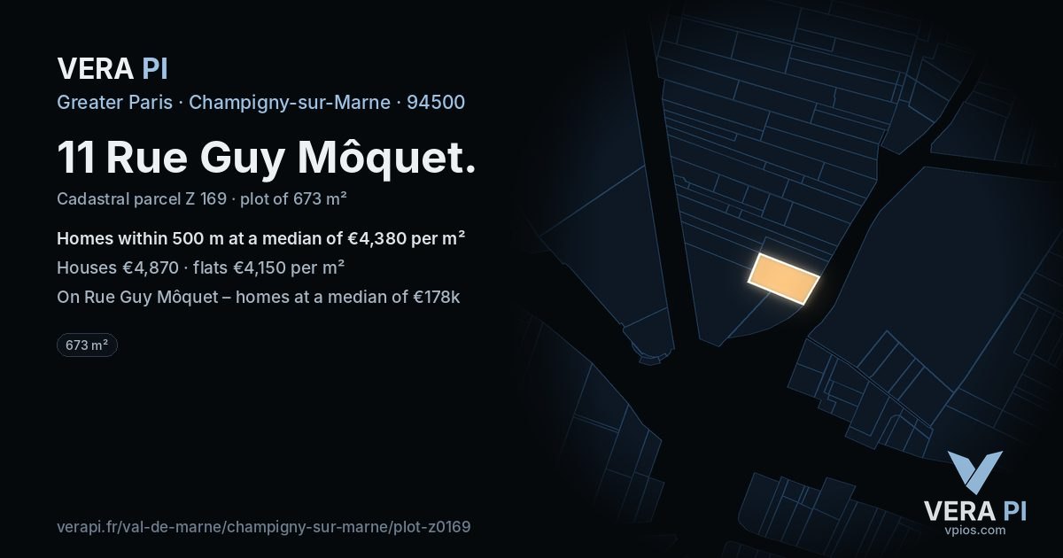 11 Rue Guy Môquet, Champigny-sur-Marne at night – the plot lit, the parcels around coloured by the prices near them