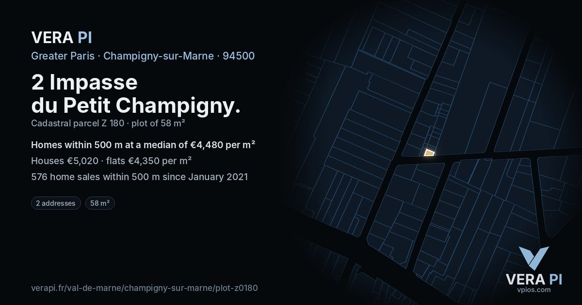 2 Impasse du Petit Champigny, Champigny-sur-Marne at night – the plot lit, the parcels around coloured by the prices near them
