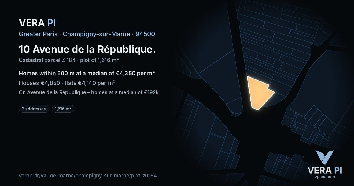 10 Avenue de la République, Champigny-sur-Marne at night – the plot lit, the parcels around coloured by the prices near them