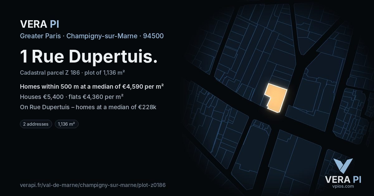 1 Rue Dupertuis, Champigny-sur-Marne at night – the plot lit, the parcels around coloured by the prices near them