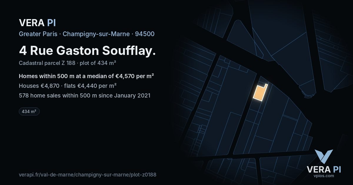 4 Rue Gaston Soufflay, Champigny-sur-Marne at night – the plot lit, the parcels around coloured by the prices near them