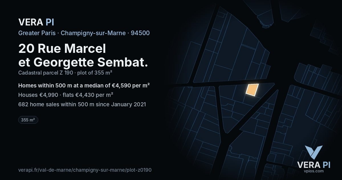 20 Rue Marcel et Georgette Sembat, Champigny-sur-Marne at night – the plot lit, the parcels around coloured by the prices near them