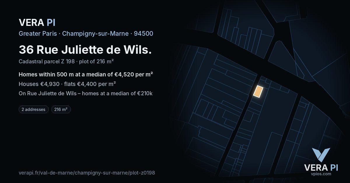 36 Rue Juliette de Wils, Champigny-sur-Marne at night – the plot lit, the parcels around coloured by the prices near them