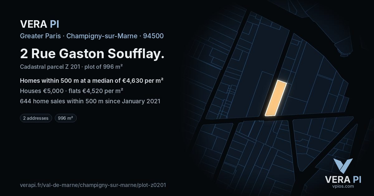 2 Rue Gaston Soufflay, Champigny-sur-Marne at night – the plot lit, the parcels around coloured by the prices near them