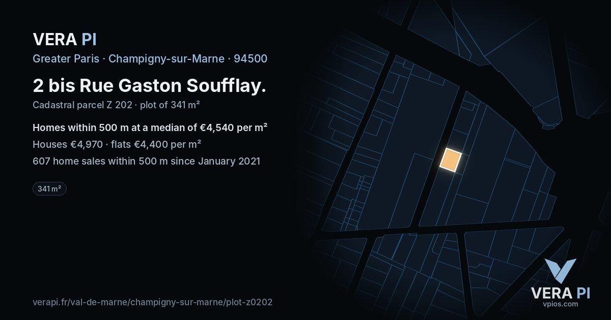2 bis Rue Gaston Soufflay, Champigny-sur-Marne at night – the plot lit, the parcels around coloured by the prices near them