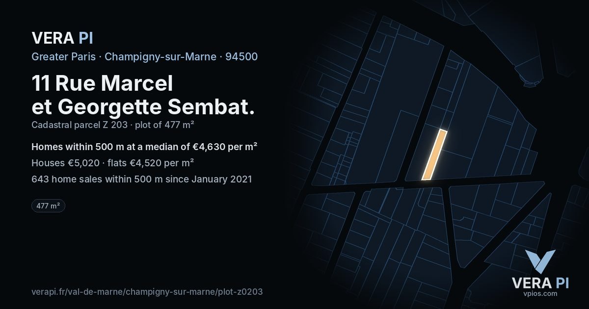11 Rue Marcel et Georgette Sembat, Champigny-sur-Marne at night – the plot lit, the parcels around coloured by the prices near them