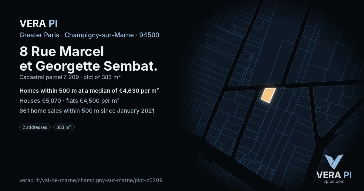 8 Rue Marcel et Georgette Sembat, Champigny-sur-Marne at night – the plot lit, the parcels around coloured by the prices near them