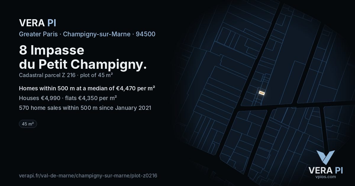 8 Impasse du Petit Champigny, Champigny-sur-Marne at night – the plot lit, the parcels around coloured by the prices near them