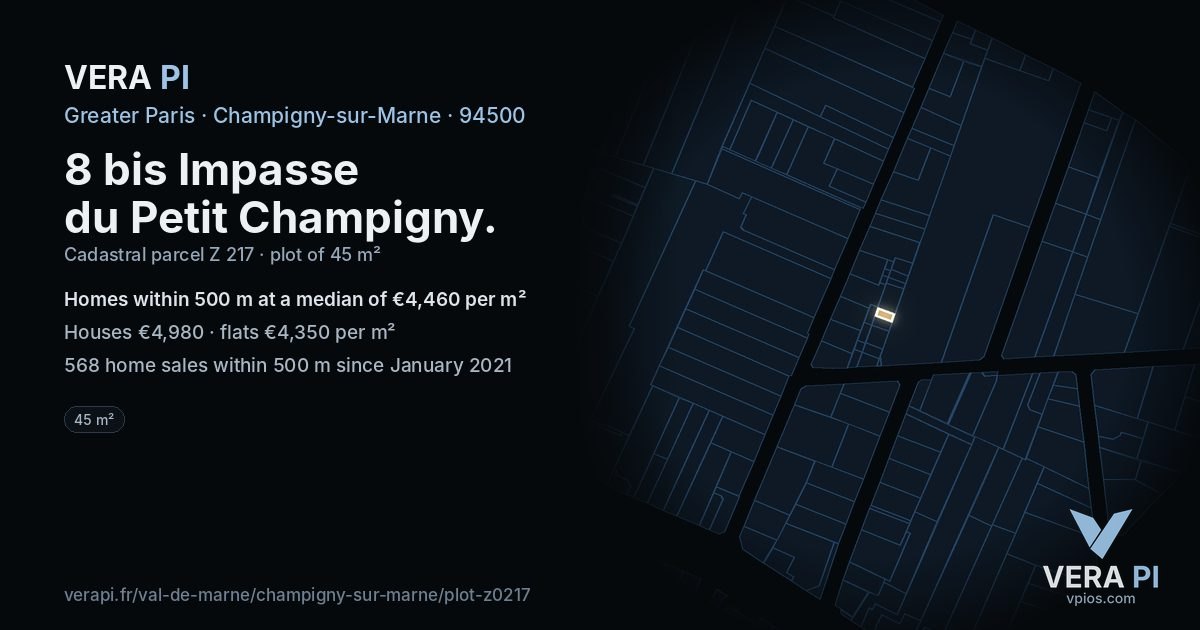 8 bis Impasse du Petit Champigny, Champigny-sur-Marne at night – the plot lit, the parcels around coloured by the prices near them