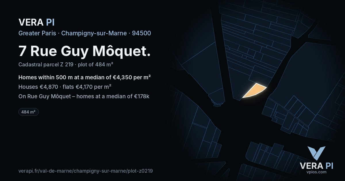 7 Rue Guy Môquet, Champigny-sur-Marne at night – the plot lit, the parcels around coloured by the prices near them