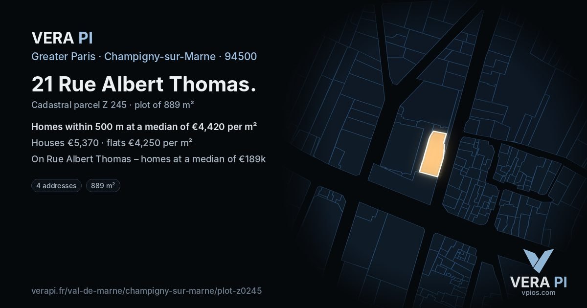 21 Rue Albert Thomas, Champigny-sur-Marne at night – the plot lit, the parcels around coloured by the prices near them