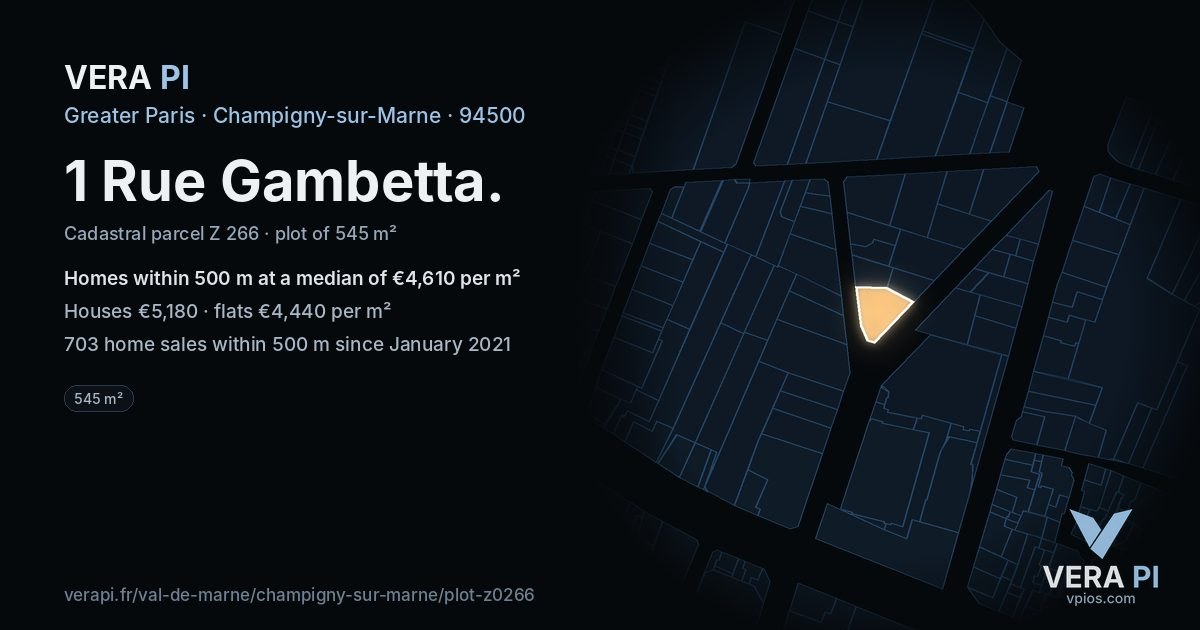 1 Rue Gambetta, Champigny-sur-Marne at night – the plot lit, the parcels around coloured by the prices near them