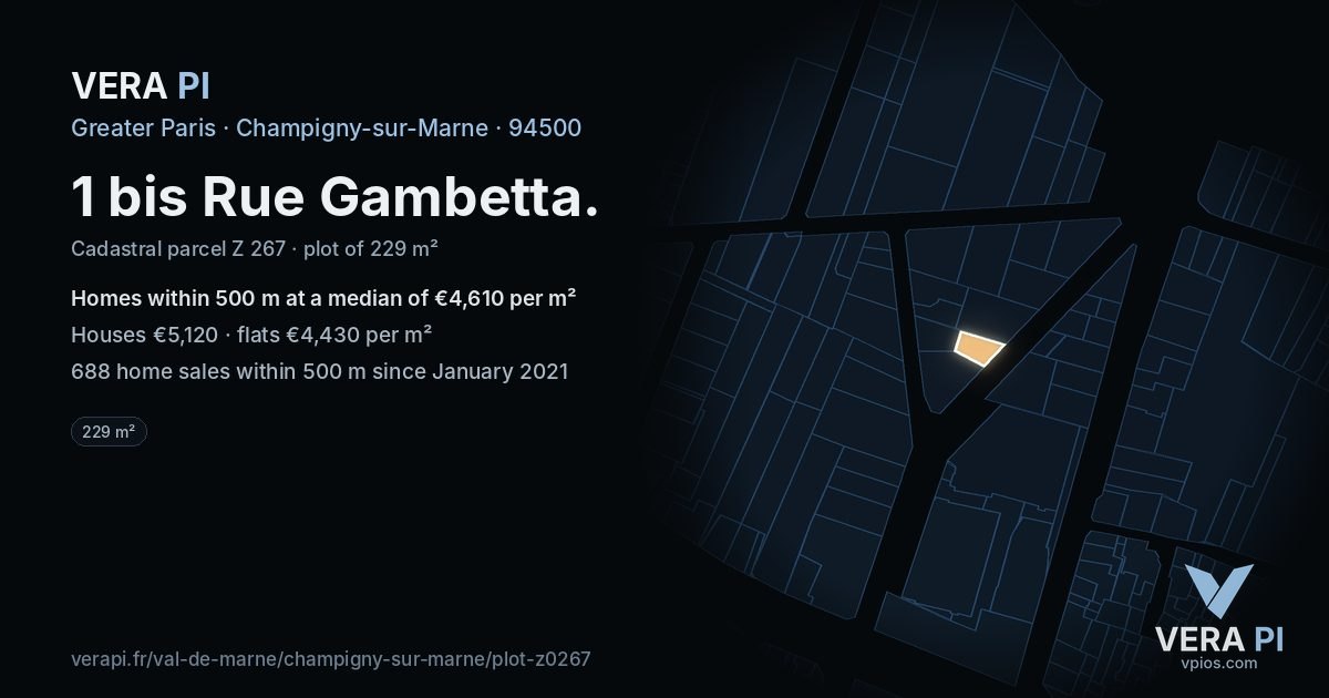 1 bis Rue Gambetta, Champigny-sur-Marne at night – the plot lit, the parcels around coloured by the prices near them