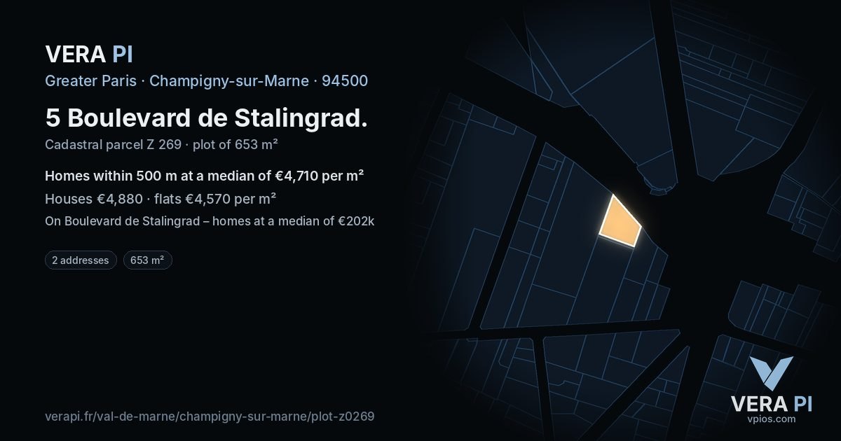 5 Boulevard de Stalingrad, Champigny-sur-Marne at night – the plot lit, the parcels around coloured by the prices near them