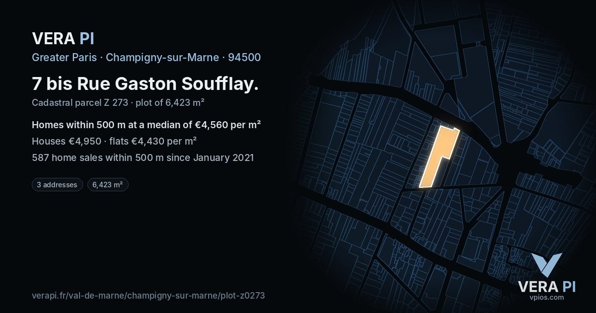 7 bis Rue Gaston Soufflay, Champigny-sur-Marne at night – the plot lit, the parcels around coloured by the prices near them