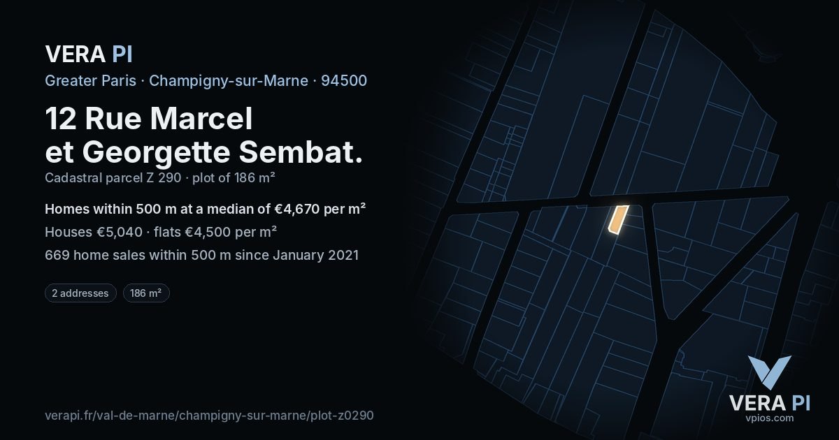 12 Rue Marcel et Georgette Sembat, Champigny-sur-Marne at night – the plot lit, the parcels around coloured by the prices near them