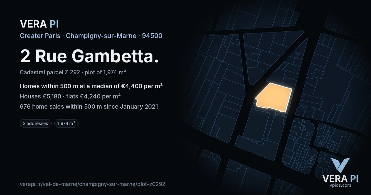 2 Rue Gambetta, Champigny-sur-Marne at night – the plot lit, the parcels around coloured by the prices near them