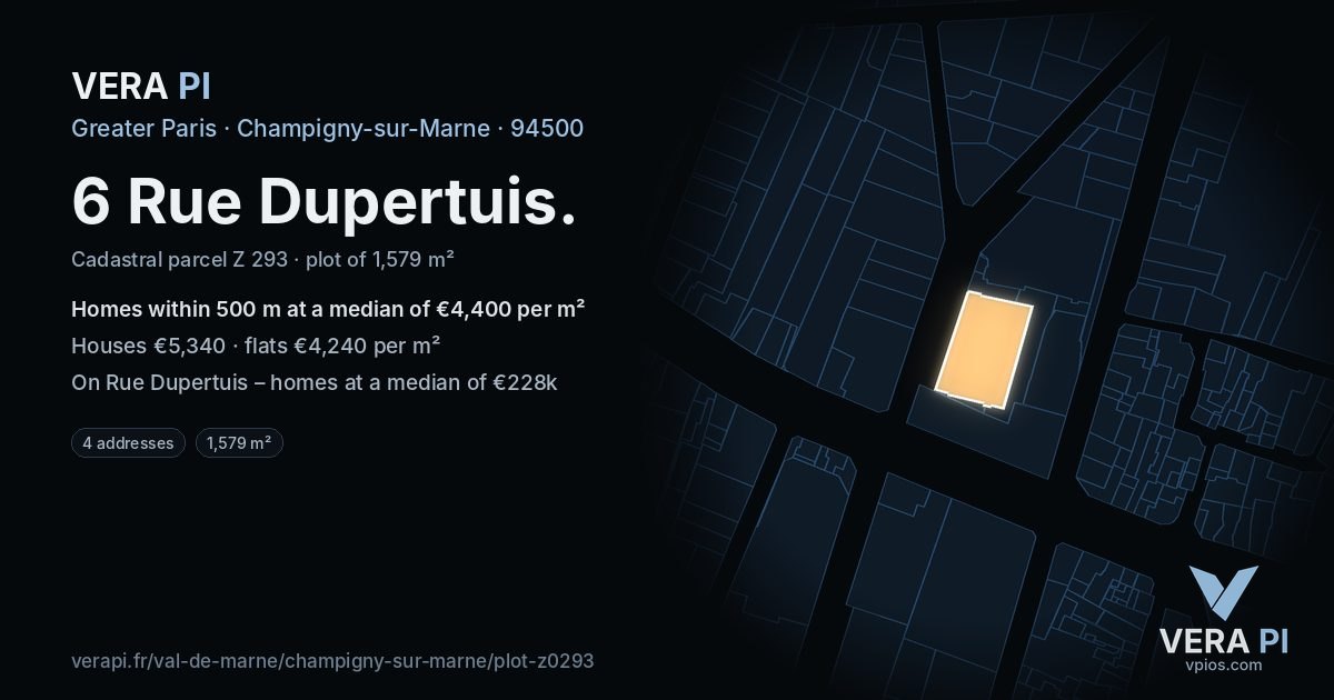 6 Rue Dupertuis, Champigny-sur-Marne at night – the plot lit, the parcels around coloured by the prices near them