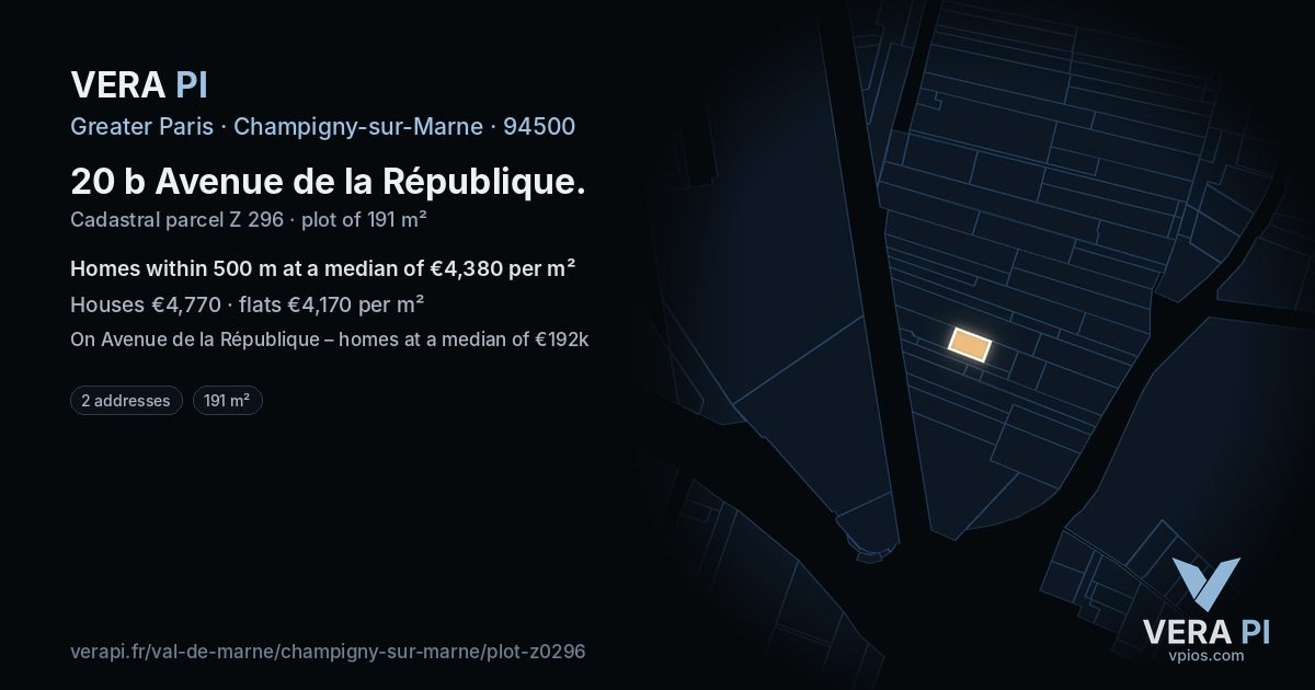 20 b Avenue de la République, Champigny-sur-Marne at night – the plot lit, the parcels around coloured by the prices near them