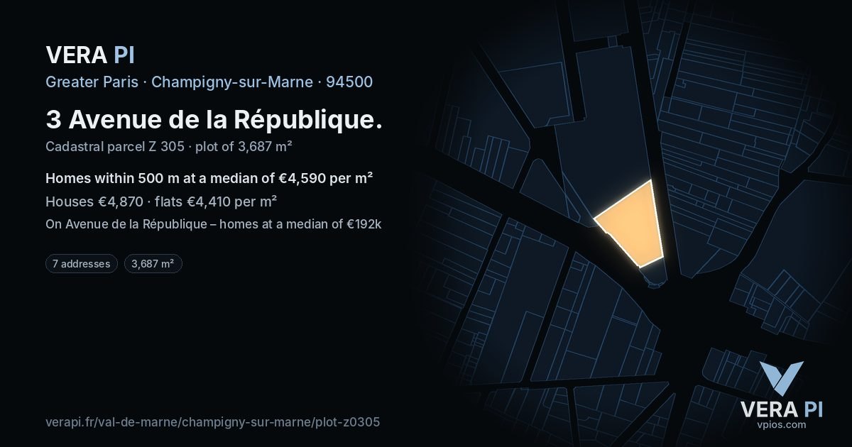 3 Avenue de la République, Champigny-sur-Marne at night – the plot lit, the parcels around coloured by the prices near them