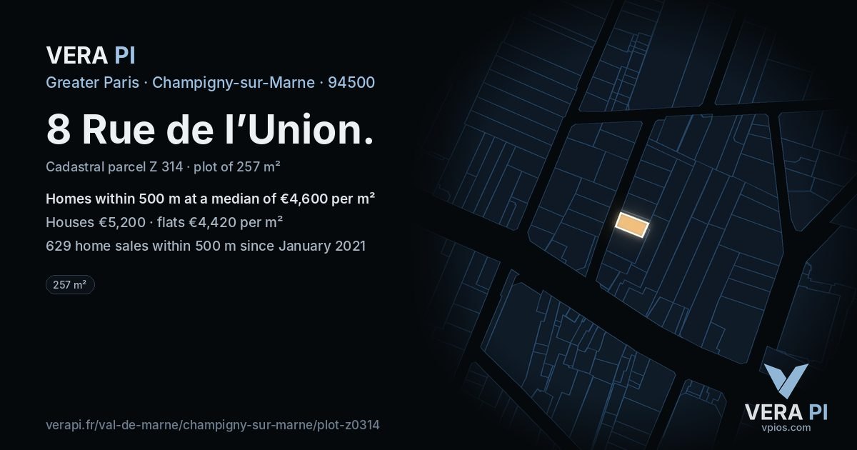 8 Rue de l’Union, Champigny-sur-Marne at night – the plot lit, the parcels around coloured by the prices near them