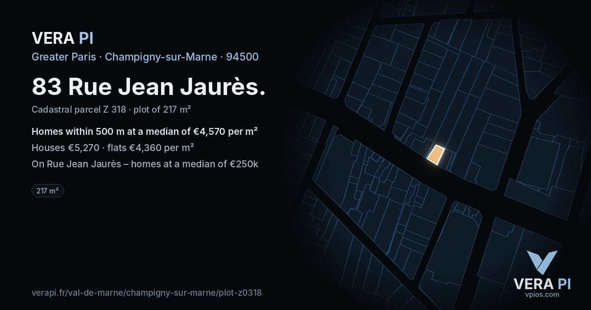 83 Rue Jean Jaurès, Champigny-sur-Marne at night – the plot lit, the parcels around coloured by the prices near them