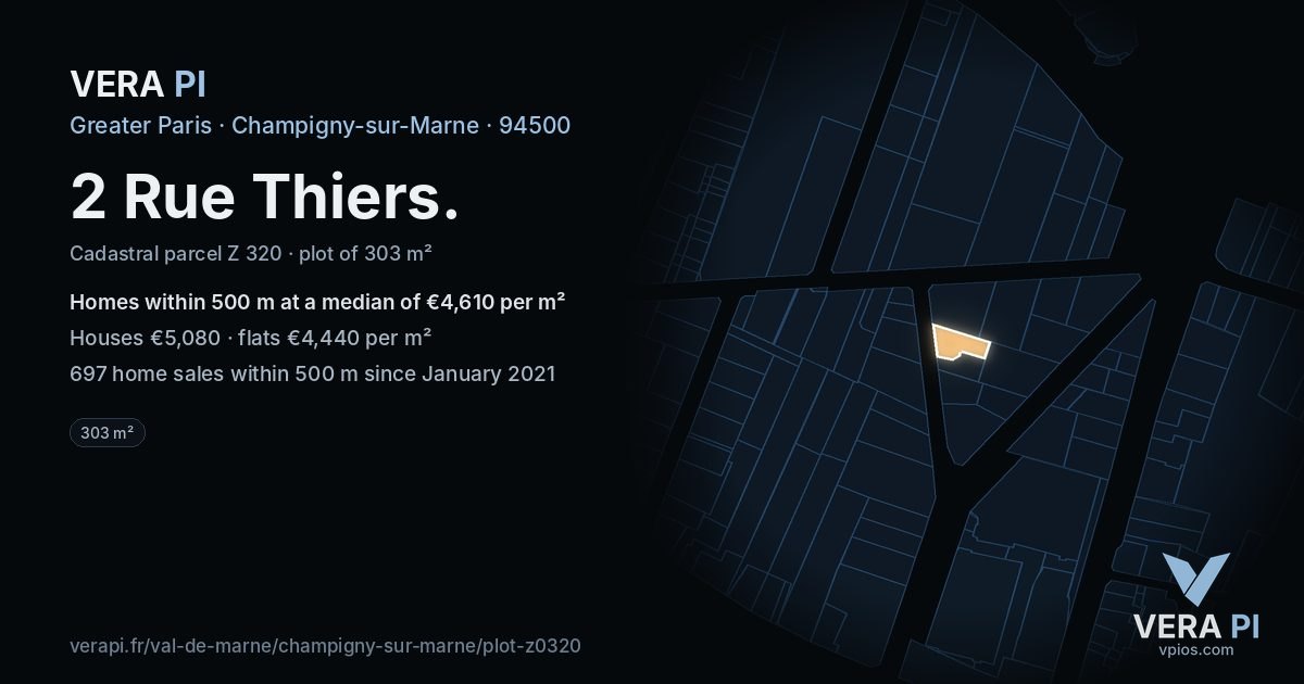 2 Rue Thiers, Champigny-sur-Marne at night – the plot lit, the parcels around coloured by the prices near them