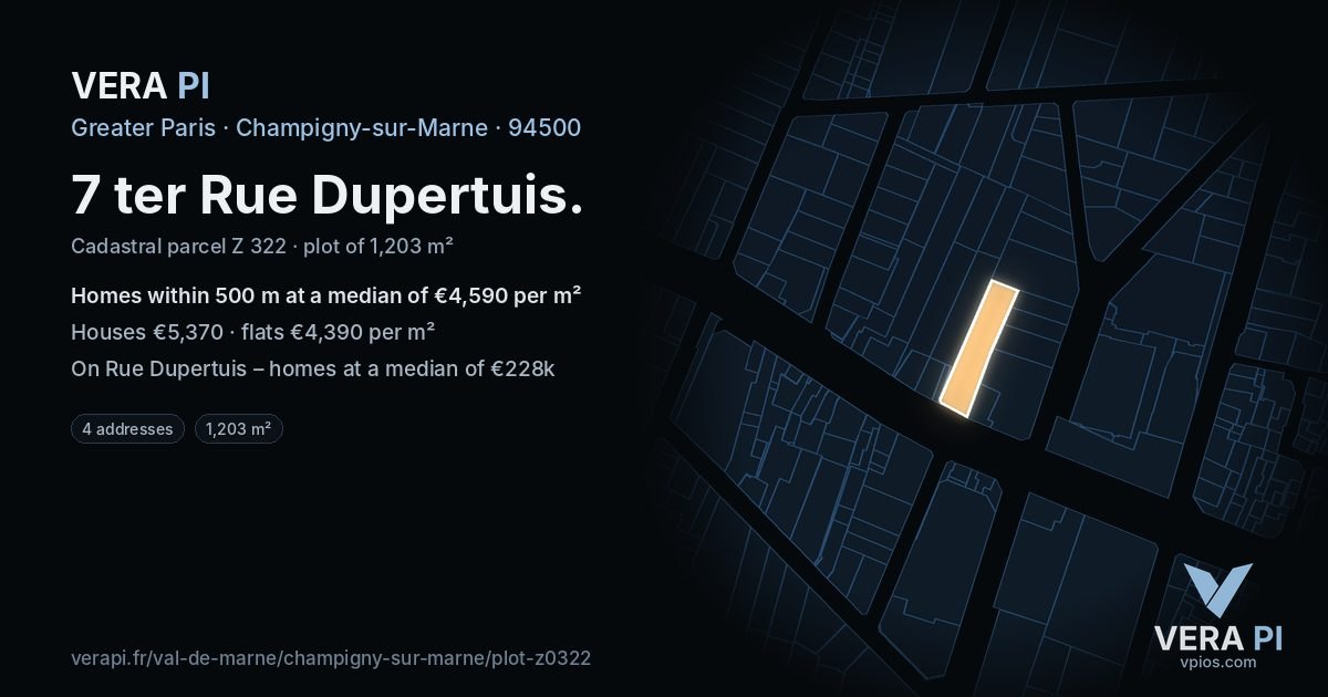 7 ter Rue Dupertuis, Champigny-sur-Marne at night – the plot lit, the parcels around coloured by the prices near them