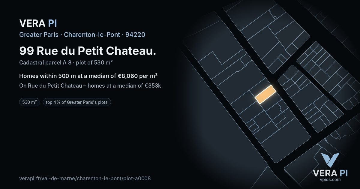 99 Rue du Petit Chateau, Charenton-le-Pont at night – the plot lit, the parcels around coloured by the prices near them