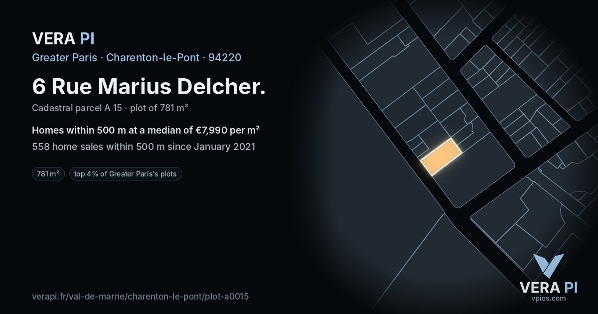 6 Rue Marius Delcher, Charenton-le-Pont at night – the plot lit, the parcels around coloured by the prices near them