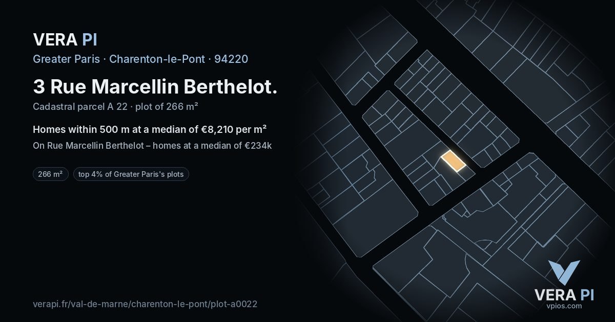 3 Rue Marcellin Berthelot, Charenton-le-Pont at night – the plot lit, the parcels around coloured by the prices near them