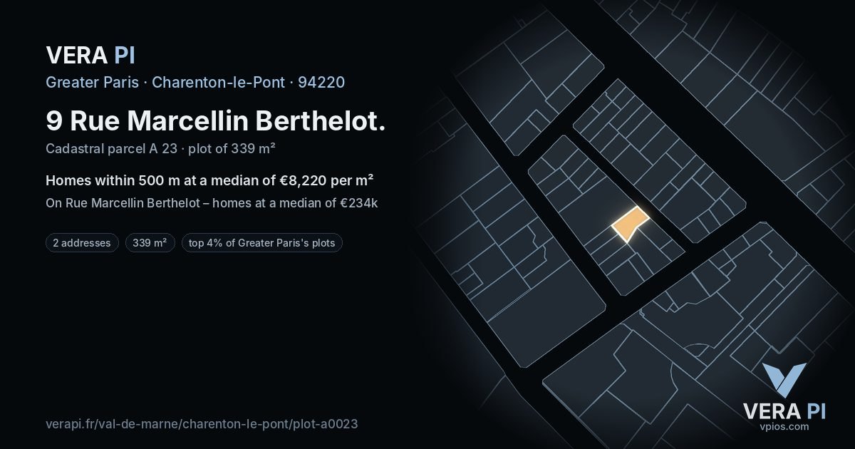 9 Rue Marcellin Berthelot, Charenton-le-Pont at night – the plot lit, the parcels around coloured by the prices near them