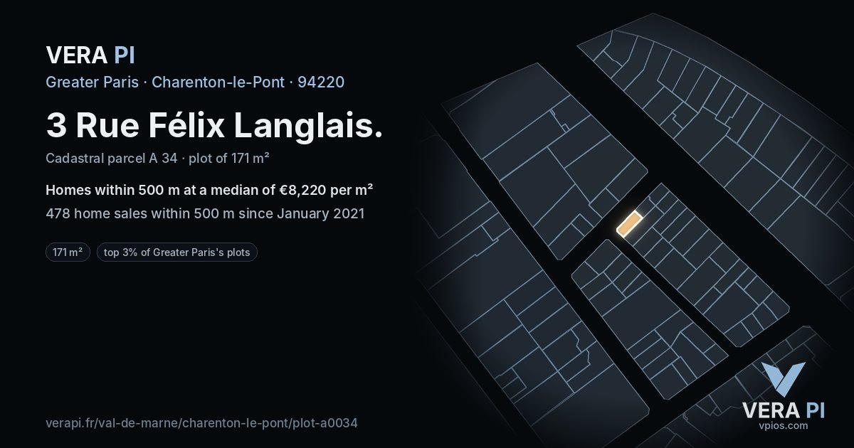 3 Rue Félix Langlais, Charenton-le-Pont at night – the plot lit, the parcels around coloured by the prices near them