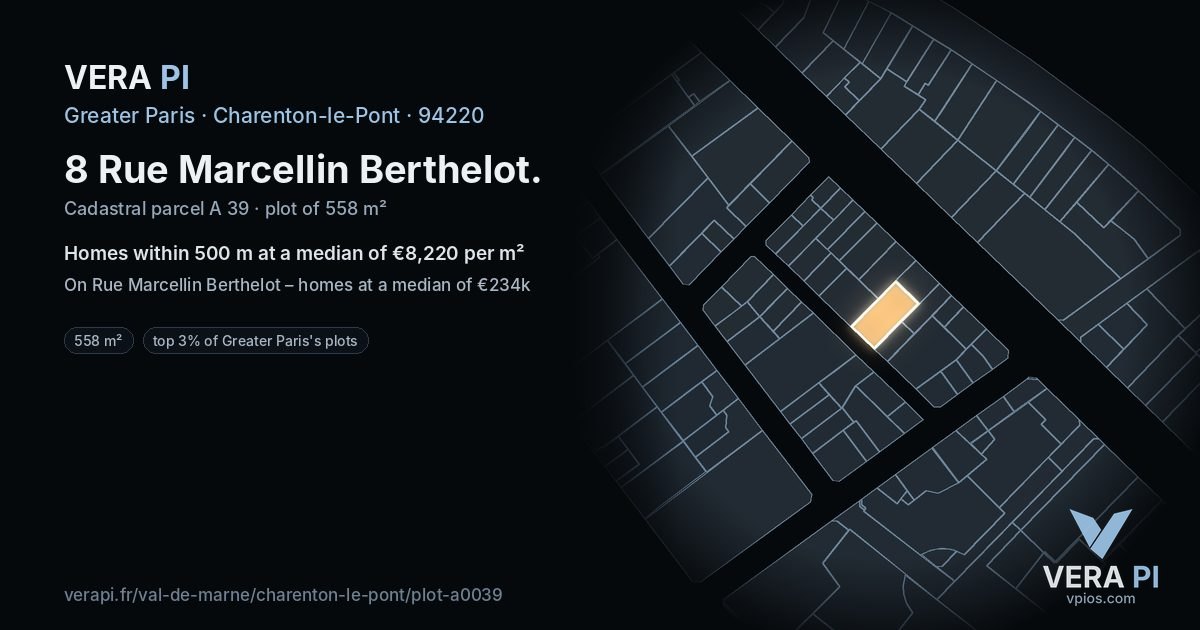 8 Rue Marcellin Berthelot, Charenton-le-Pont at night – the plot lit, the parcels around coloured by the prices near them