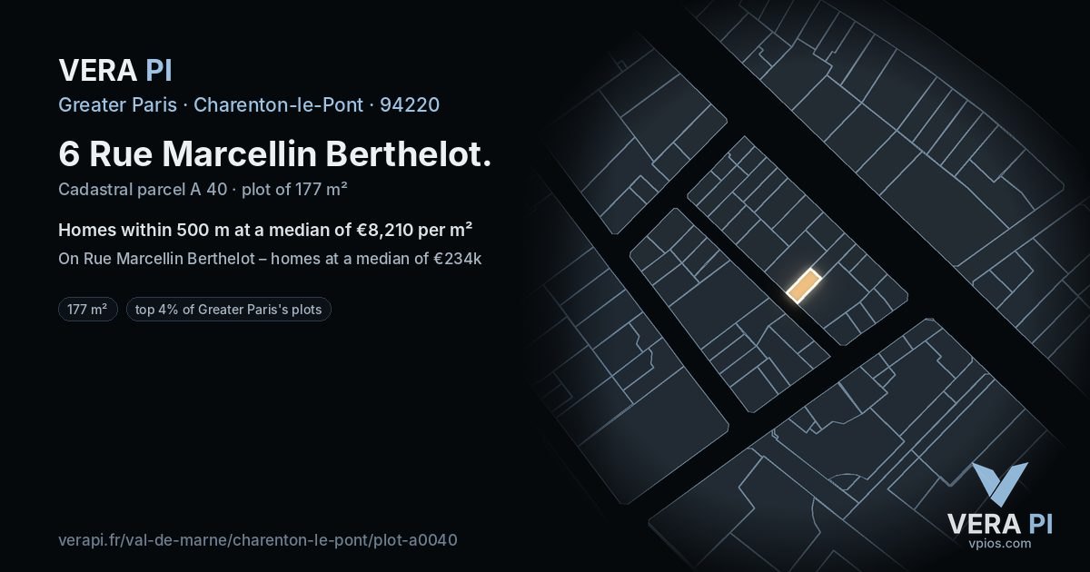 6 Rue Marcellin Berthelot, Charenton-le-Pont at night – the plot lit, the parcels around coloured by the prices near them