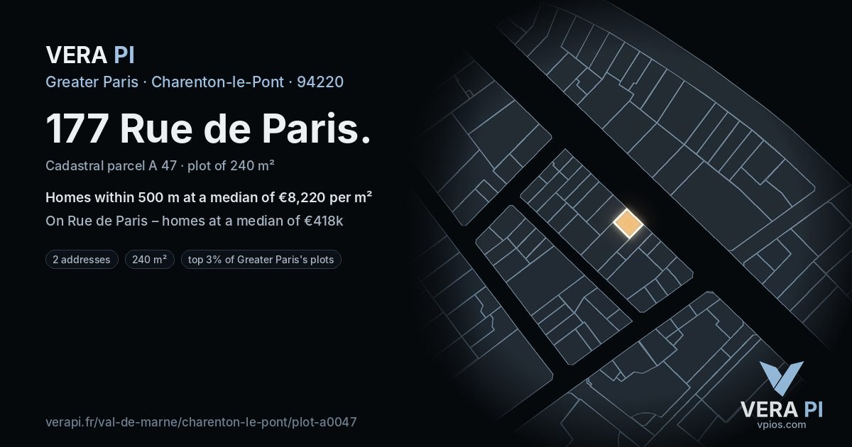 177 Rue de Paris, Charenton-le-Pont at night – the plot lit, the parcels around coloured by the prices near them