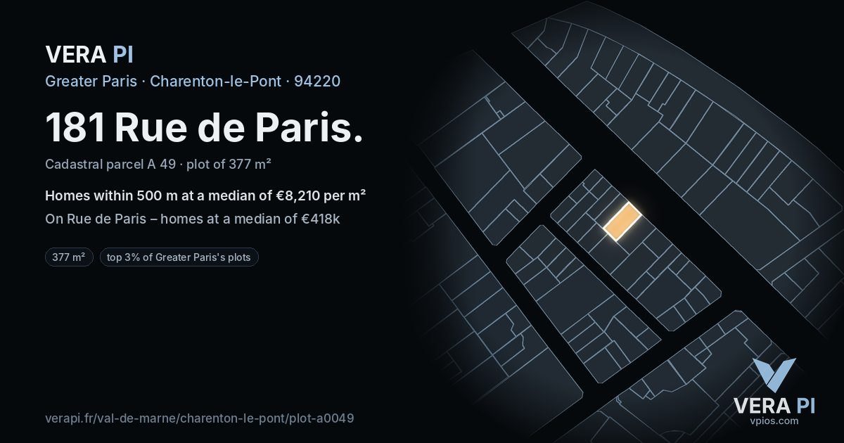 181 Rue de Paris, Charenton-le-Pont at night – the plot lit, the parcels around coloured by the prices near them
