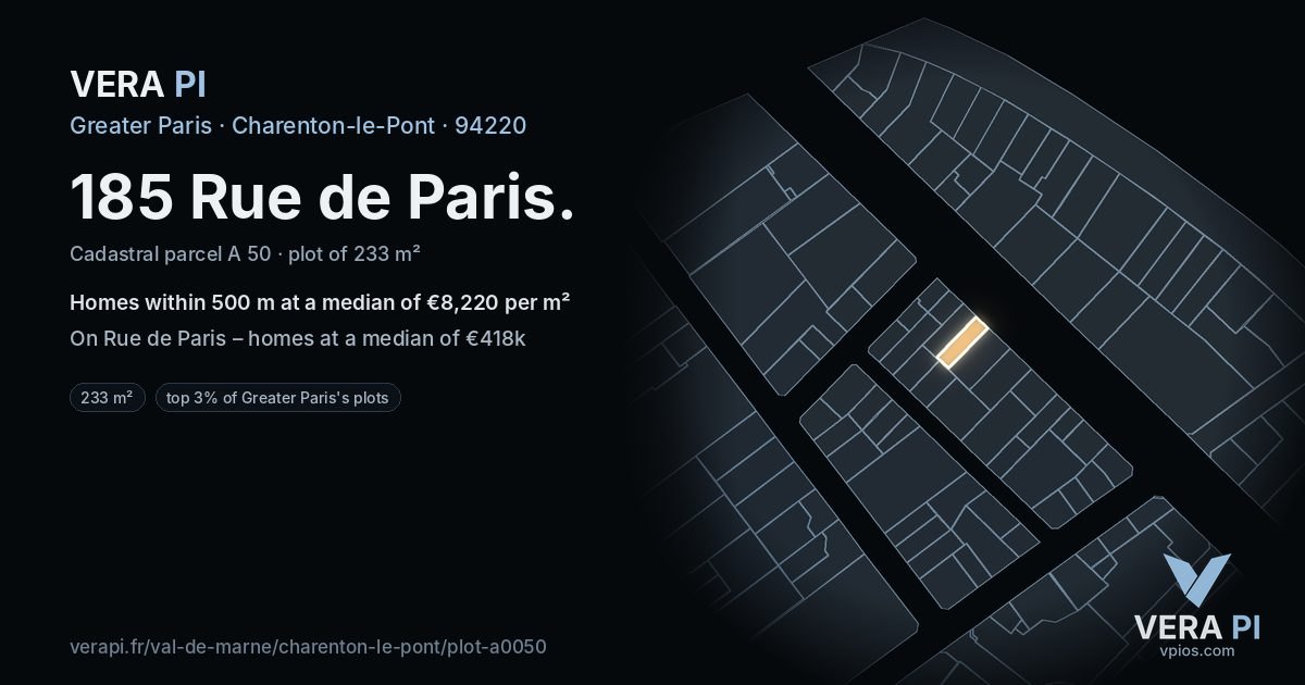 185 Rue de Paris, Charenton-le-Pont at night – the plot lit, the parcels around coloured by the prices near them