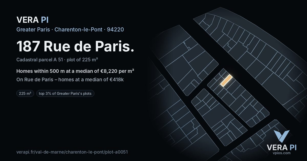 187 Rue de Paris, Charenton-le-Pont at night – the plot lit, the parcels around coloured by the prices near them
