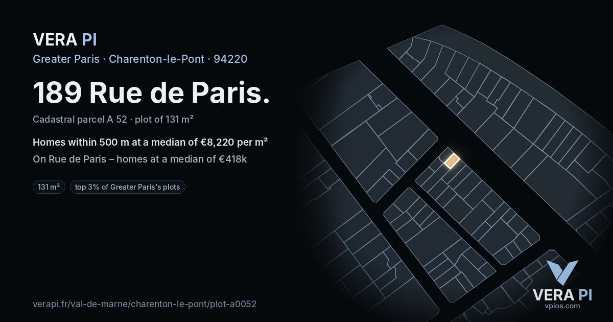 189 Rue de Paris, Charenton-le-Pont at night – the plot lit, the parcels around coloured by the prices near them