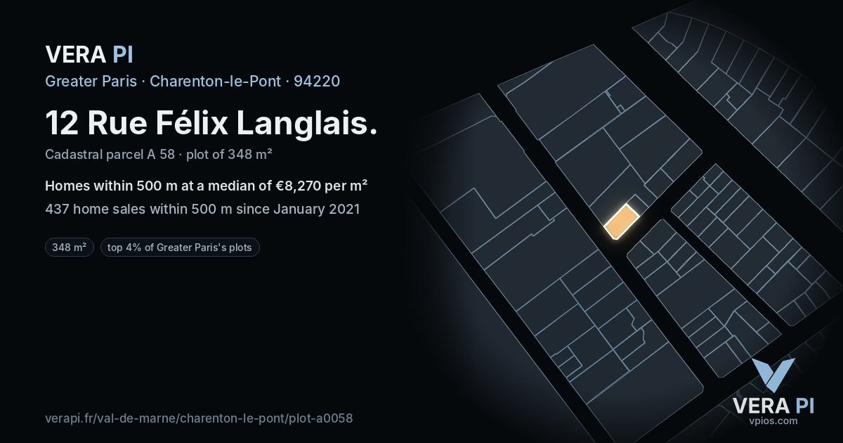 12 Rue Félix Langlais, Charenton-le-Pont at night – the plot lit, the parcels around coloured by the prices near them