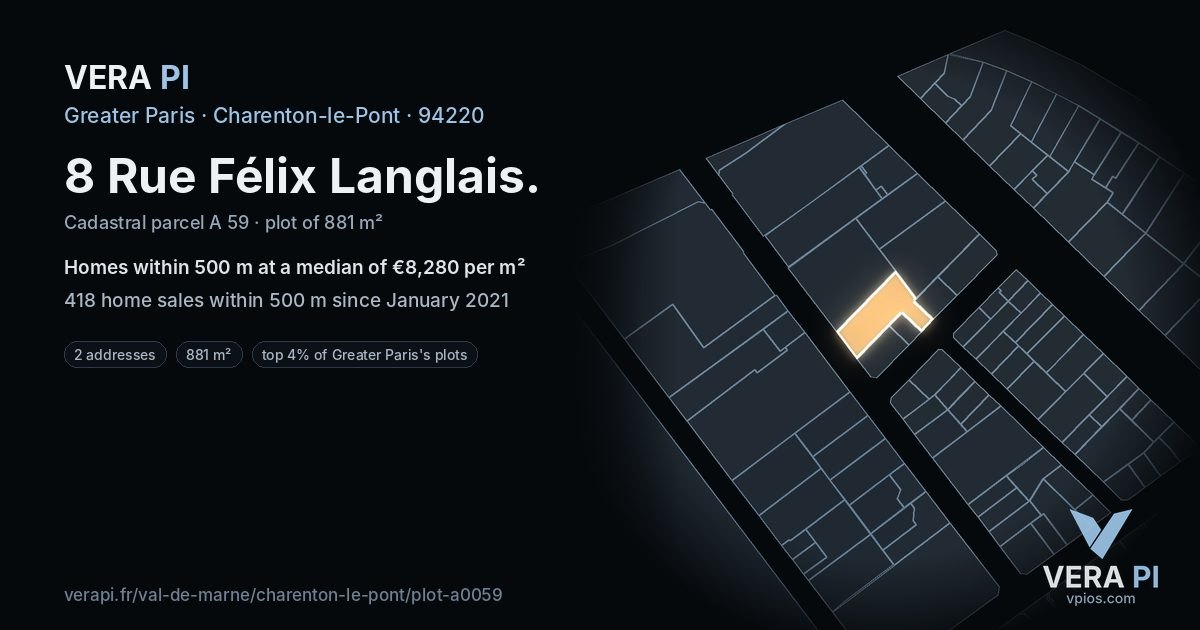 8 Rue Félix Langlais, Charenton-le-Pont at night – the plot lit, the parcels around coloured by the prices near them