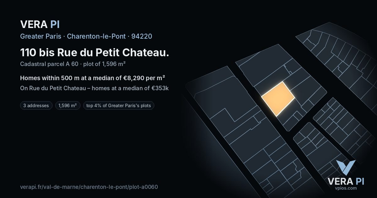 110 bis Rue du Petit Chateau, Charenton-le-Pont at night – the plot lit, the parcels around coloured by the prices near them