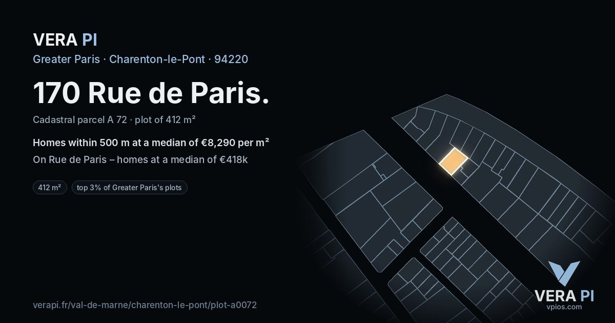 170 Rue de Paris, Charenton-le-Pont at night – the plot lit, the parcels around coloured by the prices near them