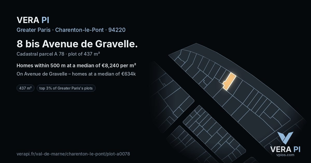 8 bis Avenue de Gravelle, Charenton-le-Pont at night – the plot lit, the parcels around coloured by the prices near them
