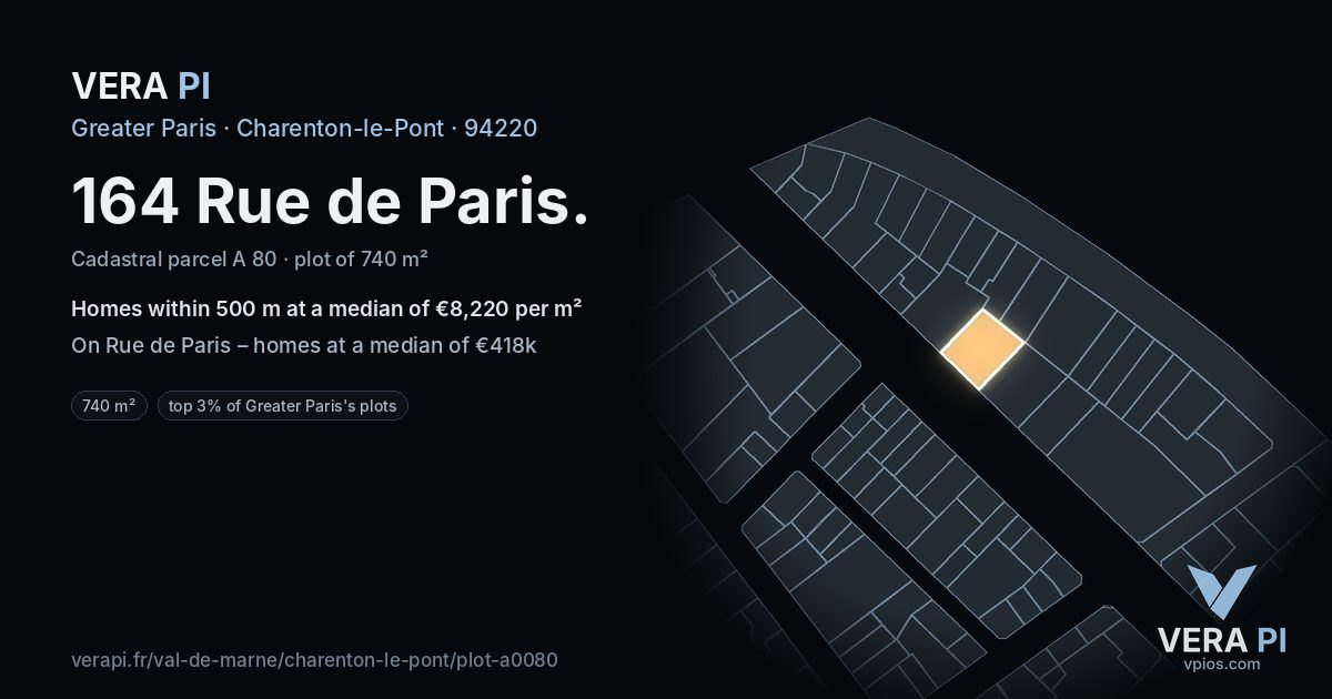 164 Rue de Paris, Charenton-le-Pont at night – the plot lit, the parcels around coloured by the prices near them