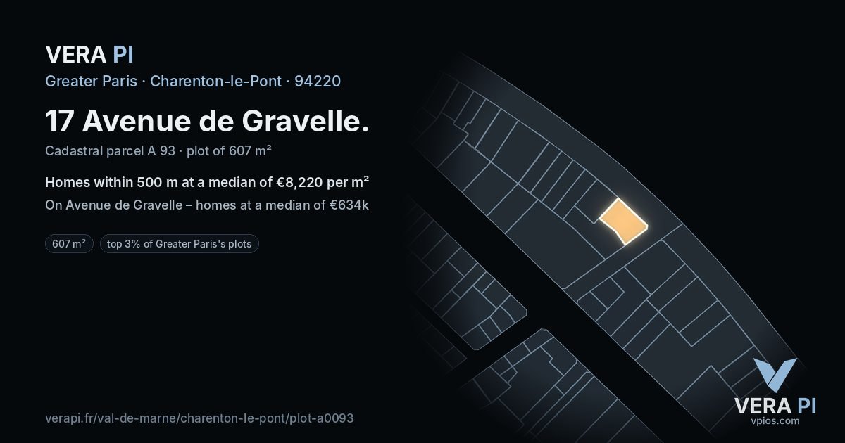 17 Avenue de Gravelle, Charenton-le-Pont at night – the plot lit, the parcels around coloured by the prices near them