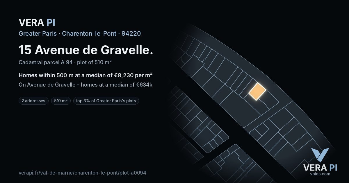 15 Avenue de Gravelle, Charenton-le-Pont at night – the plot lit, the parcels around coloured by the prices near them