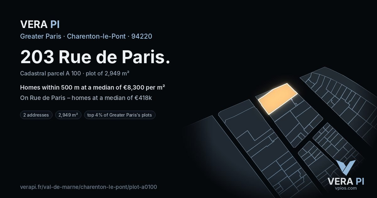 203 Rue de Paris, Charenton-le-Pont at night – the plot lit, the parcels around coloured by the prices near them