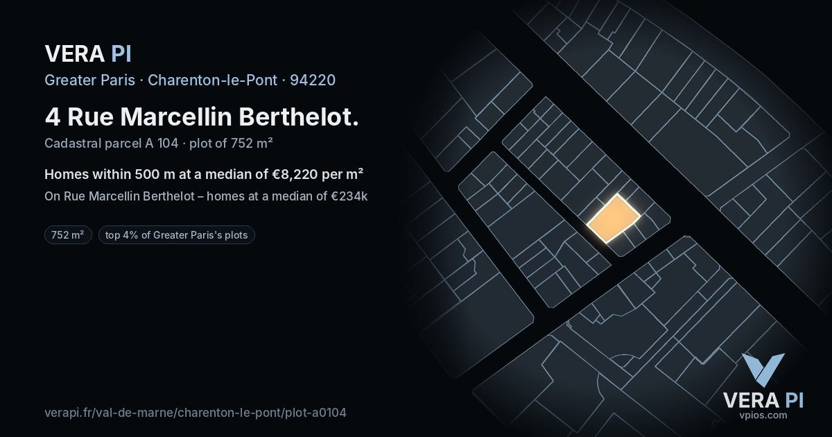 4 Rue Marcellin Berthelot, Charenton-le-Pont at night – the plot lit, the parcels around coloured by the prices near them